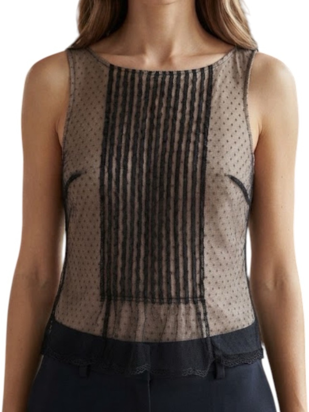 BCBGMAXAZRIA Black Mesh Pleated Lace Top Beige Sleeveless Blouse M Whimsigoth